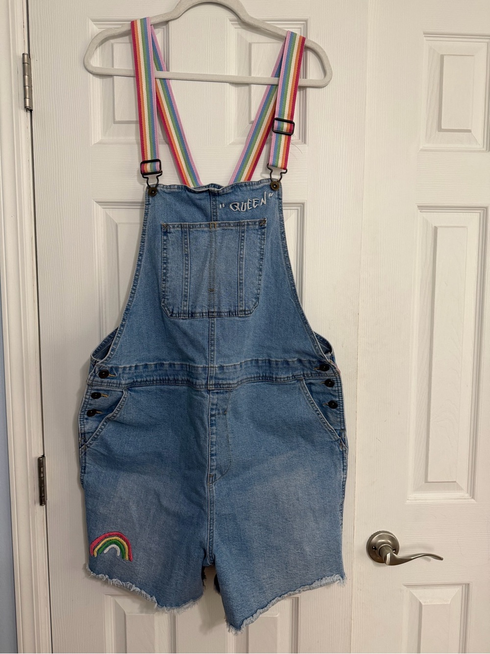 Denim Rainbow Stripe queen embroidered Overalls‎ cut off Shorts women’s size XL